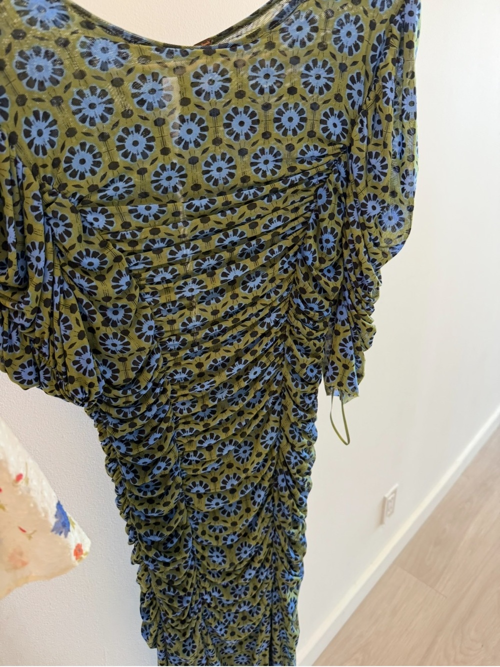 Free People Olive & Blue Floral Ruched Midi Dress - Picture 1 of 1
